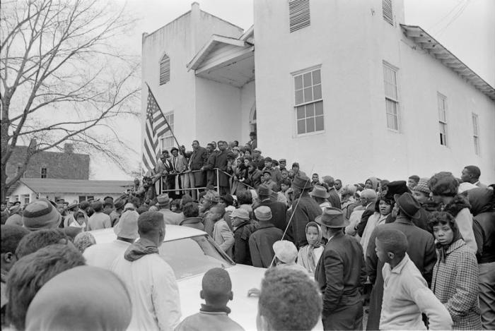Demonstration on morning of Vernon Dahmer's funeral, January 15, 1966, Hattiesburg (Miss.). March commenced and ended at St. James Christian Methodist Episcopal Church on corner of East 7th and Atlanta streets. 