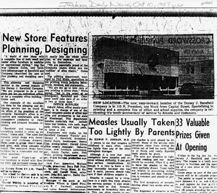 Here's a lot of ink expended on a small Modern building on N. President downtown. I've always wondered about the history of this building, and now I know a lot more than I did. I also get a photograph that is a lot better in the original (the copy proves my point about microfilm printers being really horrible for quality photographic copying).
