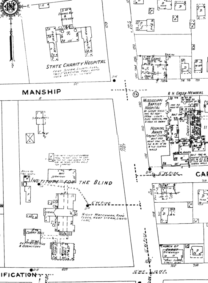 1946 Sanborn map for Jackson, showing the Blind Institute along with its proximity to the Baptist Hospital and State Charity Hospital