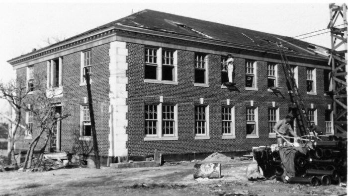 Boys' Dormitory under construction, Institute for the Blind, 1934. Designed by the Jackson firm of Hull & Malvaney, this building survived almost hidden within the Baptist complex until it was demolished for a parking lot around 2005.