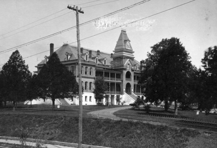 Institute for the Blind, Administration Building, photo by Carl von Seutter. As noted by Todd Sanders in his <i> Jackson's North State Street</i>, this photo shows that the columns in the upper part of the tower were removed, lowering the roof of the tower, probably inthe 1890s.