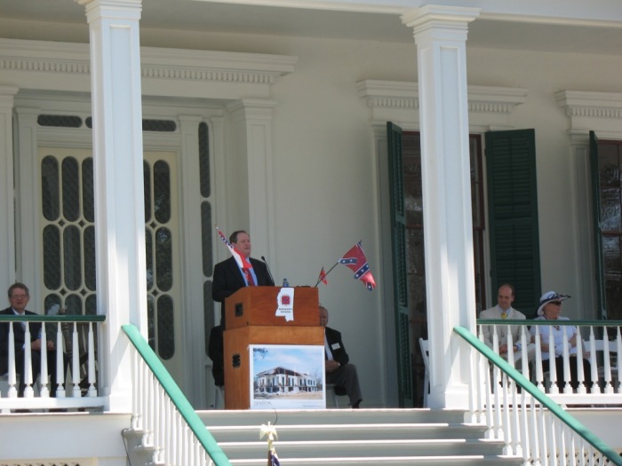 Larry Albert, architect for the restoration, speaks at the re-opening, June 3, 2008.