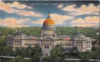 This undated postcard was published by City News Co., Jackson, Miss. Its text reads "Erected in 1901-1903 and one of the most beautiful of the various state capitols. The site was formerly that of the state penitentiary.