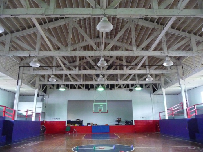 Baxterville School Gymnasium, Baxterville community, Lamar County (1949), possibly built with re-used materials from an aircraft hangar at nearby Camp Shelby.