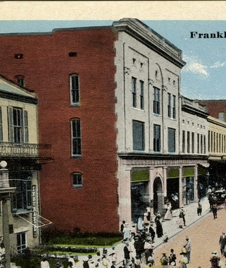 Detail from postcard of Franklin St., Natchez, Miss. City Bank and Trust Building. Sysid 92937. Scanned as tiff in 2008/07/22 by MDAH. Credit: Courtesy of the Mississippi Department of Archives and History