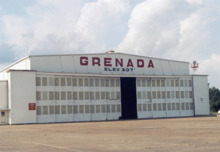 Grenada Airport Hangar (1941). Designated Mississippi Landmark July 27, 2012. Photo by City of Grenada, downloaded from MDAH HIstoric Resources Database, 12-25-2012.