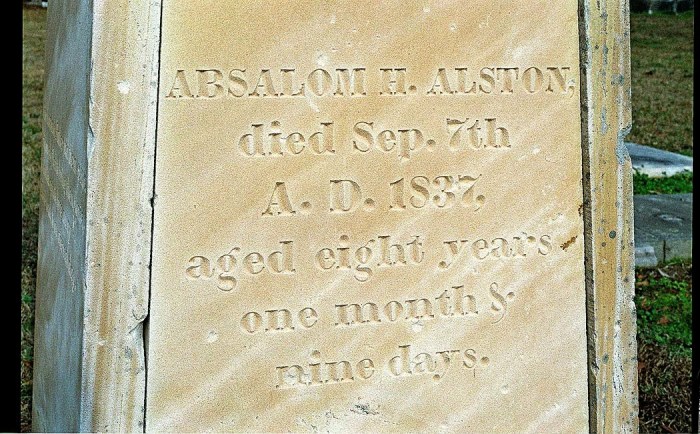 Figure 6. Catahoula sandstone monument in the old Raymond cemetery. This stone came from the quarry at Mississippi Springs, where stone was quarried for the Old Capitol Building in Jackson, Mississippi. Picture (color negative 603-5) taken on December 19, 2006.
