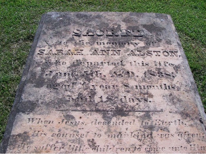 Figure 7. Catahoula sandstone slab marking the grave of Sarah Ann Alston, who died on June 5, 1838, at the age of one year, 8 months, and 18 days. Picture (digital) taken on September 18, 2007.