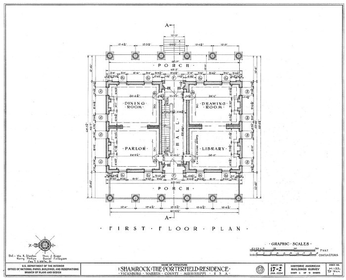 Porterfield House ("Shamrock"), Vicksburg. Elevation and details by HABS team, Jan/Feb 1934. Wm. A. Stanton, Thos. J. Biggs, Harry Philips, Daniel Finlayson, ay T. Liddle, Jr., delineators.