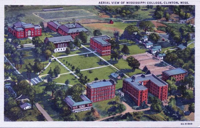 MISSISSIPPI COLLEGE - Founded 1826. Offers work leading to Bachelor of Arts degree in twelve major departments: Biology, Chemistry, Christianity, Commercial Science, Education, Psychology, Philosophy, English, Ancient and Modern Languages, Mathematics, Physics, Social Science, and Physical Education. All work fully accredited. "C.T. Art - Colortone" Made Only By Curt Teich & Co.