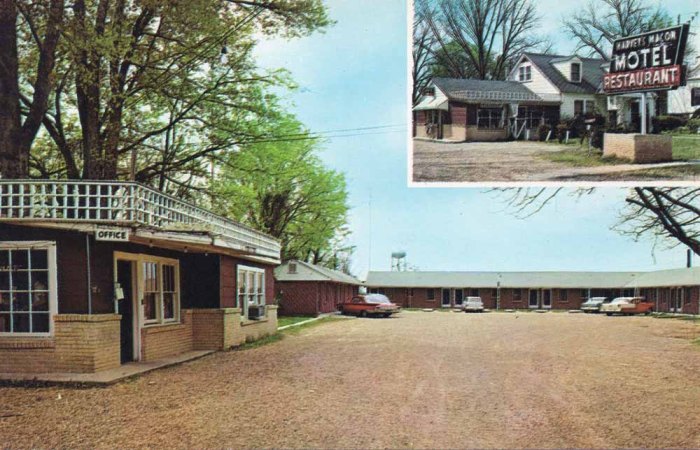 HARVEY"S MACON MOTEL, Highway 45 North, Macon, Miss. Tel. 327. 14 Modern Units, Electric Heat, Air-Conditioned, Free TV, Tile Bath Tub and Shower Combination. Restaurant adjoining. Mr. & Mrs. W.H. Harvey, Owner. Allen Hunter, Mgr.