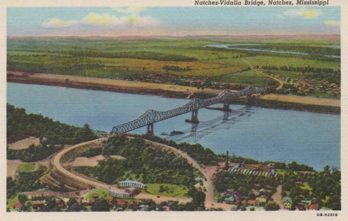 Natchez-Vidalia Bridge. Cost $4,000,000.00. Total length 8,135 ft. Total length of 5 main spans: two--560 ft, two--875 ft. and one 797 ft--3667 ft. This bridge connects U.S. Highways 84 East and West and 65 North and South crosses the bridge to connect with U.S. 61 and the Natchez trace in Natchez, Miss.