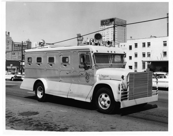 Thompson’s Tank is an International Harvester Loadstar 1600, outfitted with armor, metal bars, grating, searchlights and sirens. It was originally painted light-blue with white trim and equipped with mounted machine guns. In 1990, the tank was renovated, painted black with blue insignia and repaired for use as a Police S.W.A.T. vehicle. It is currently parked at the Jackson Police Department’s rifle range. Thompson’s Tank is significant because of its association with the civil rights movement in Jackson. In 1964, Mayor Allen Thompson approved its purchase in preparation for the arrival of the civil rights workers. It was intended to intimidate and threaten the activists. The tank was first used at Jackson State in February 1964. On that occasion, a tear gas canister exploded inside. In 1968, the truck was borrowed by Memphis police to transport James Earl Ray after he shot Martin Luther King Jr. I was also used at Jackson State during a riot in which two people were killed in May 1970.