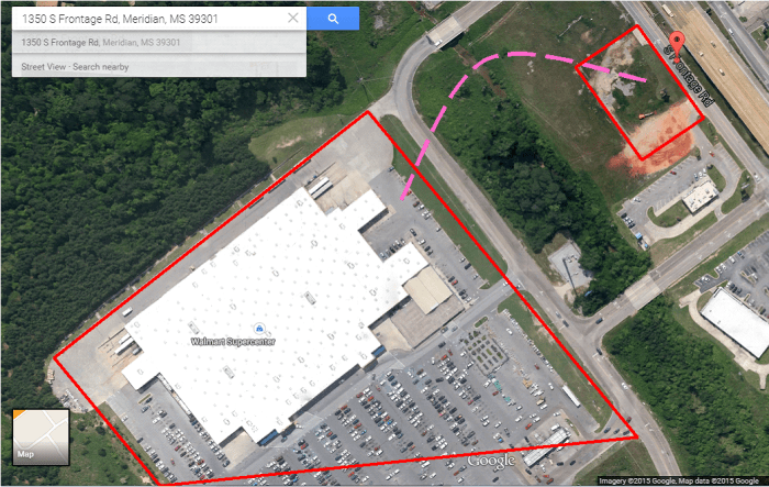 Walmart (left side) and the former site of the Red Hot Truck Stop (upper right).  Meridian, MS