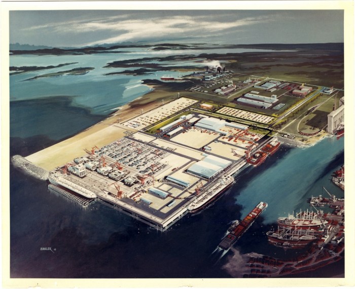 MDAH Collection: Ingalls Shipyard West Bank Expansion Collection Call number: PI/SF/IND/1986.0017 System ID: 105275. Link to the catalog   Ingalls Shipyard West Bank Expansion. Bird’s-eye perspective plan.