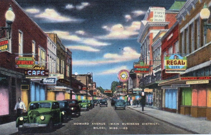 Biloxi combines the alluring atmosphere of the Old South with the spirit of the new in a charming four-season resort. Nestling among moss-draped oaks that grow along an irregular peninsular shore-line, the city looks out open the blue waters of the Mississippi Sound. In its interesting history seven flags at different times have flown over the destinies of Biloxi. "The Hell Hole, bars, bars, bars,"