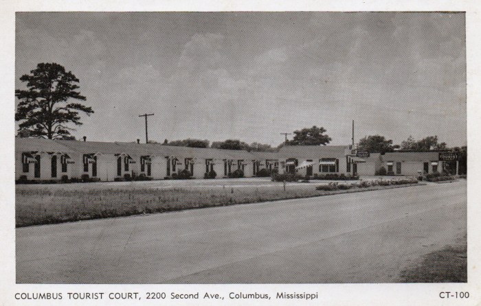 COLUMBUS TOURIST COURT, Columbus, Mississippi. Located at 2400 Second Ave. N. 16 blocks east of Post Office on U.S. Highway 82. Twenty-three modern cottages. Panelray vented gas heaters, large centilating fans in each room. Enjoy the comfort of home away from home. Phone 9148. Mr. and Mrs. W.E. Holland, Owners and Operators.