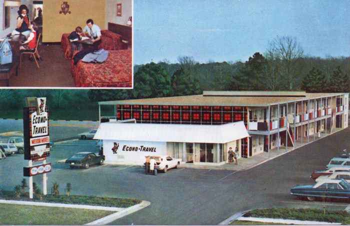 Econo-Travel Motor Hotel. Sleep tight, America. First class rooms at economy prices. Air conditioned. Electric heat. Free television. Deluxe mattresses. Full bath. Telephone. Large rooms. Free directory available. 767 E. Main Street, Tupelo, Mississippi 38801.