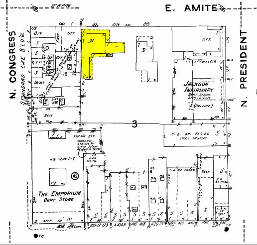 Powers House (highlighted in yellow) on 1948 Sanborn Map.