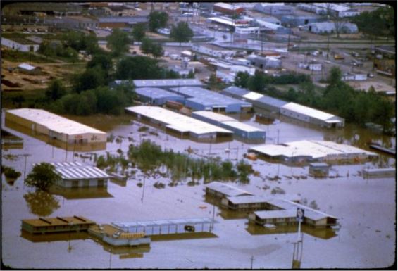 Rankin and Gallatin Streets. Jackson Flood, 1979, aerial view, looking north. Mississippi Department of Archives and History, electronic resource.