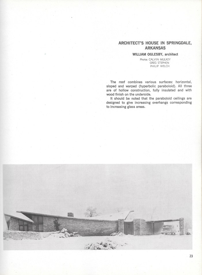 William Oglesby House, Springdale, Arkansas, description and front facade photograph, page 23 in Small Homes in the New Tradition.