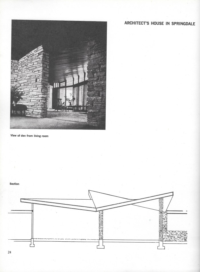 William Oglesby House, Springdale, Arkansas, interior photograph and section plan, page 24 of Small Homes in the New Tradition.
