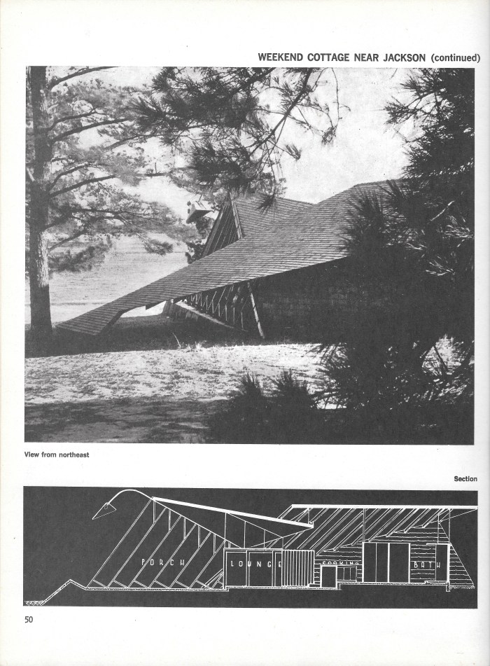 Champion Lodge, photograph and section plan, page 50 of Small Homes in the New Tradition.