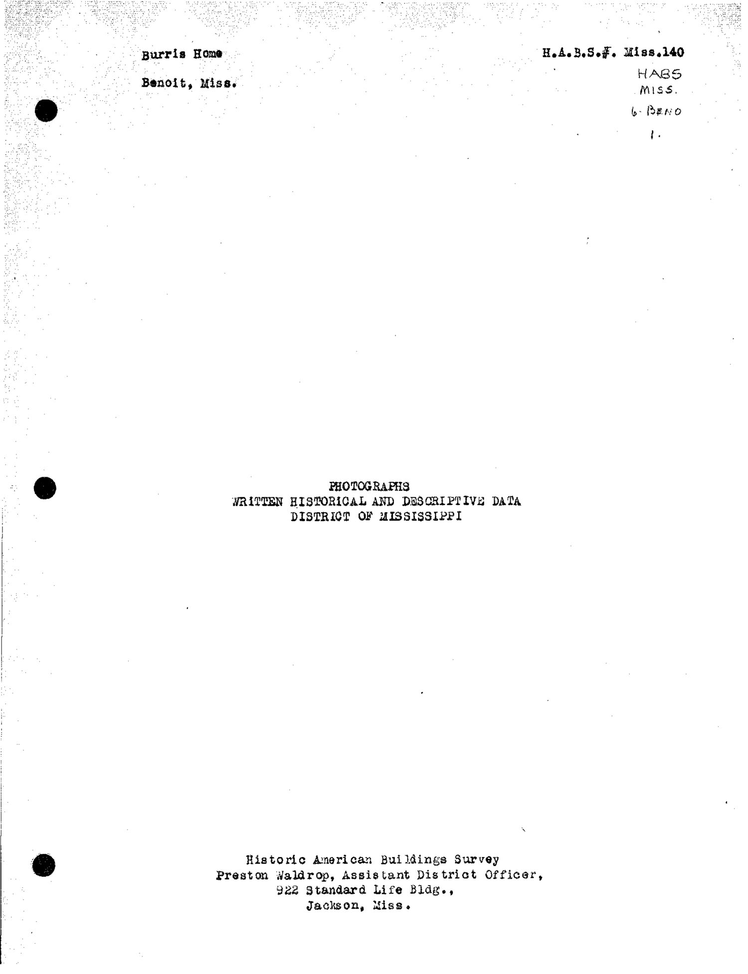 HABS in Mississippi Burrus House, Benoit Preservation in Mississippi
